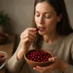 Žena si vychutnáva červené brusnice z misky a pripravuje sa ich zjesť.