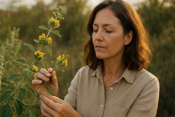 Žena skúma liečivú rastlinu Jerichovho zemolezu s žltými kvetmi.