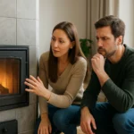 Pár sleduje plameň v hőtárolných kachliach v modernom interiéri.