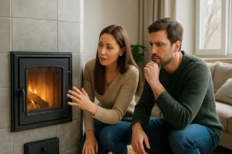 Pár sleduje plameň v hőtárolných kachliach v modernom interiéri.