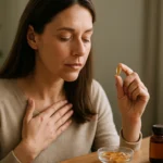 Žena zvažuje užitie kapsuly kyseliny oleánovej pre zdravie