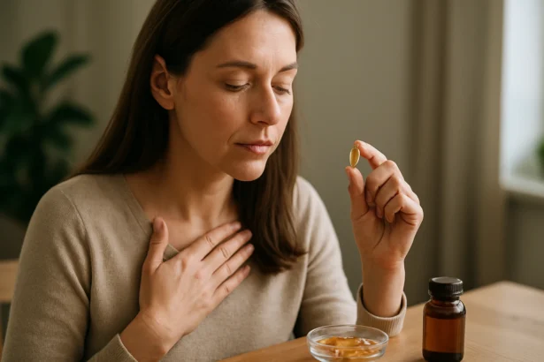 Žena zvažuje užitie kapsuly kyseliny oleánovej pre zdravie