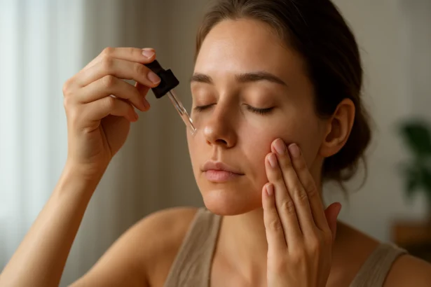 Žena aplikuje kyselinu salicylovú na pleť pre zlepšenie zdravia pleti.