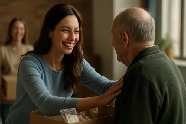 Žena sa usmieva na staršieho muža pri dobročinnej akcii.