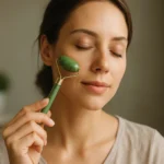 Žena s jade valčekom na tvári pre zlepšenie pleti