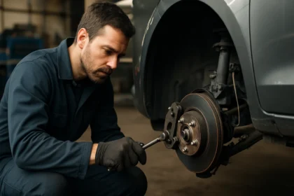 Mechanik kontroluje systém predných kolies moderného auta.