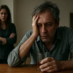 Muž trpiaci alkoholizmom s pohárom v ruke a zarmútenou partnerkou v pozadí.