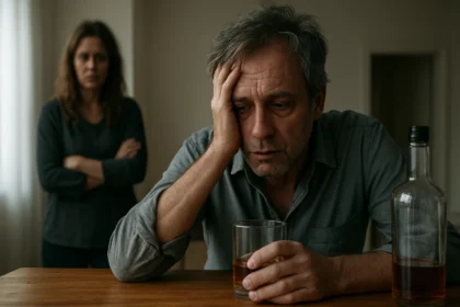 Muž trpiaci alkoholizmom s pohárom v ruke a zarmútenou partnerkou v pozadí.