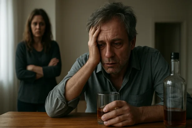 Muž trpiaci alkoholizmom s pohárom v ruke a zarmútenou partnerkou v pozadí.