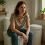 Žena sediaca na bio WC v modernej kúpeľni, premýšľa o ekologických riešeniach.