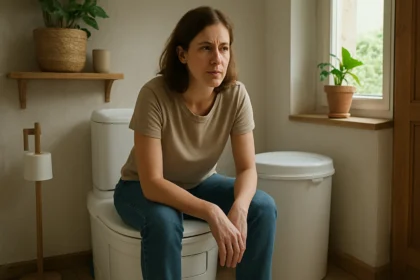 Žena sediaca na bio WC v modernej kúpeľni, premýšľa o ekologických riešeniach.