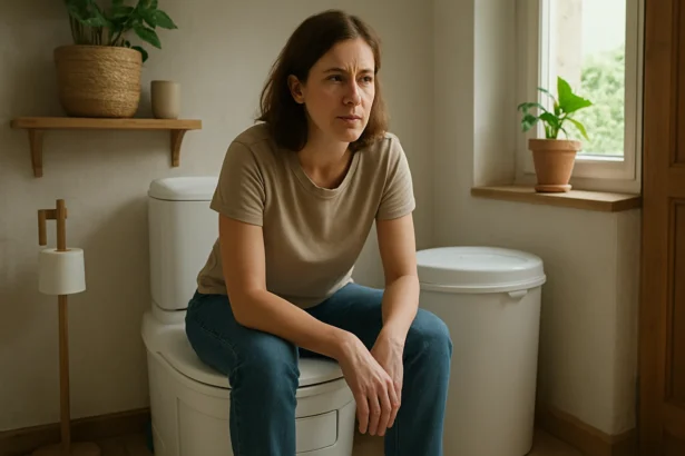 Žena sediaca na bio WC v modernej kúpeľni, premýšľa o ekologických riešeniach.