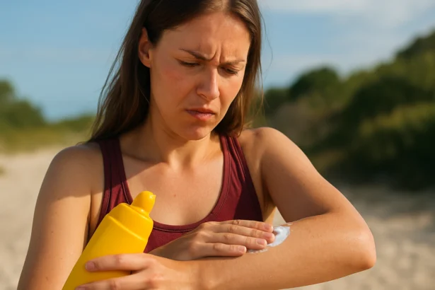 Žena nanášajúca opaľovací krém bez oxybenzónu na pleť.