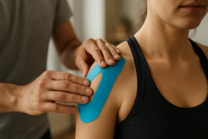 A person applying Kinesio tape on a shoulder for pain relief.