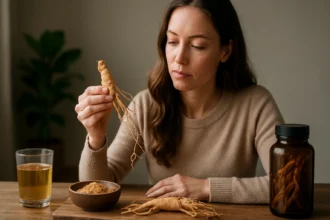 Žena skúma koreň ginsengu na stole s Kli-Mixom a čajom.