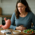 Žena so žalúdočnými problémami a zdravou výživou na stole.