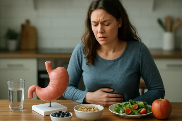 Žena so žalúdočnými problémami a zdravou výživou na stole.