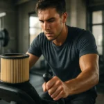 Muž cvičiaci na stacionárnom bicykli so vzduchovým filtrom