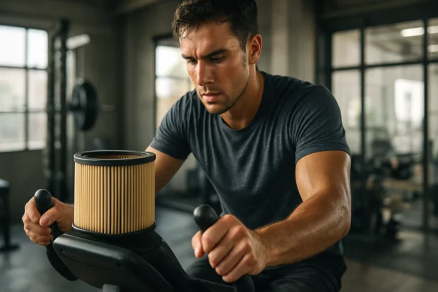Muž cvičiaci na stacionárnom bicykli so vzduchovým filtrom