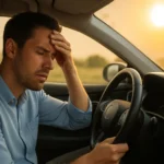 Muž v aute s ťažkým pocitom počas letných horúčav