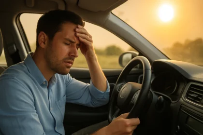 Muž v aute s ťažkým pocitom počas letných horúčav