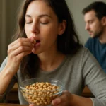 Žena si užíva arašidy ako zdravý snack