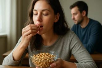 Žena si užíva arašidy ako zdravý snack