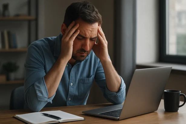 Muž s bolestivým výrazom za laptopom, vyjadrujúci stres