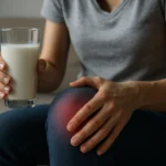 Osoba drží pohár mlieka a dotýka sa boľavého kolena.