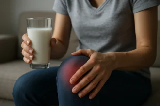 Osoba drží pohár mlieka a dotýka sa boľavého kolena.