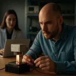 Muž skúma termoelektrický generátor s plameňom.