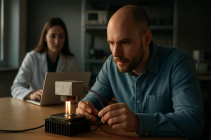 Muž skúma termoelektrický generátor s plameňom.