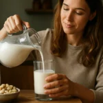 Žena nalieva kešu mlieko do pohára z džbánu.