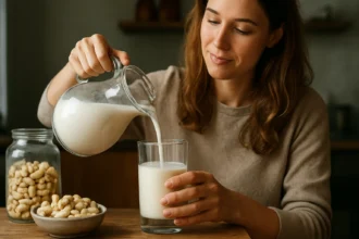 Žena nalieva kešu mlieko do pohára z džbánu.