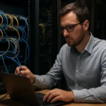 Expert working on networking equipment in a server room.