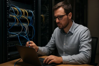 Expert working on networking equipment in a server room.