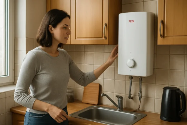 Žena nastavuje ohrievač vody FÉG V4 v kuchyni.