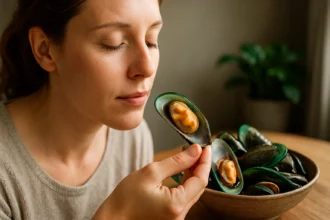 Žena drží zelené mušle, objavuje ich zdraviu prospešné účinky.