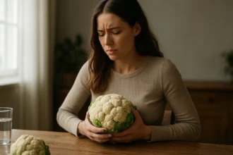 Žena drži karfiol a zamýšľa nad jeho zdravotnými benefitmi.