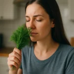 Žena cíti vôňu čerstvého kôpru v kuchyni.