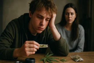 Mladý muž s bylinkovými drogami, znepokojenie vo vzduchu.