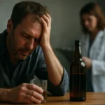 Muž trpiaci dôsledkami alkoholu s pohárom a fľašou.