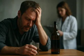 Muž trpiaci dôsledkami alkoholu s pohárom a fľašou.