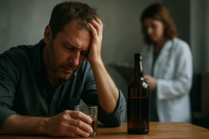 Muž trpiaci dôsledkami alkoholu s pohárom a fľašou.