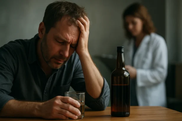 Muž trpiaci dôsledkami alkoholu s pohárom a fľašou.