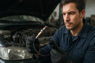 Mechanik kontroluje lambda sondu auta pod kapotou