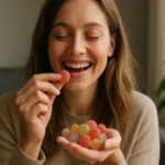 Žena sa smeje a vychutnáva si gumené cukríky plné chutí.