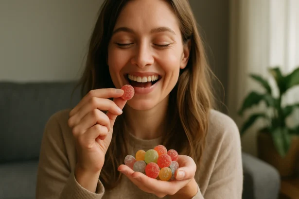 Žena sa smeje a vychutnáva si gumené cukríky plné chutí.