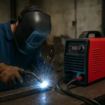 Muž zvára s invertorovou CO zváračkou v dielni.