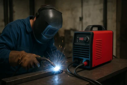 Muž zvára s invertorovou CO zváračkou v dielni.